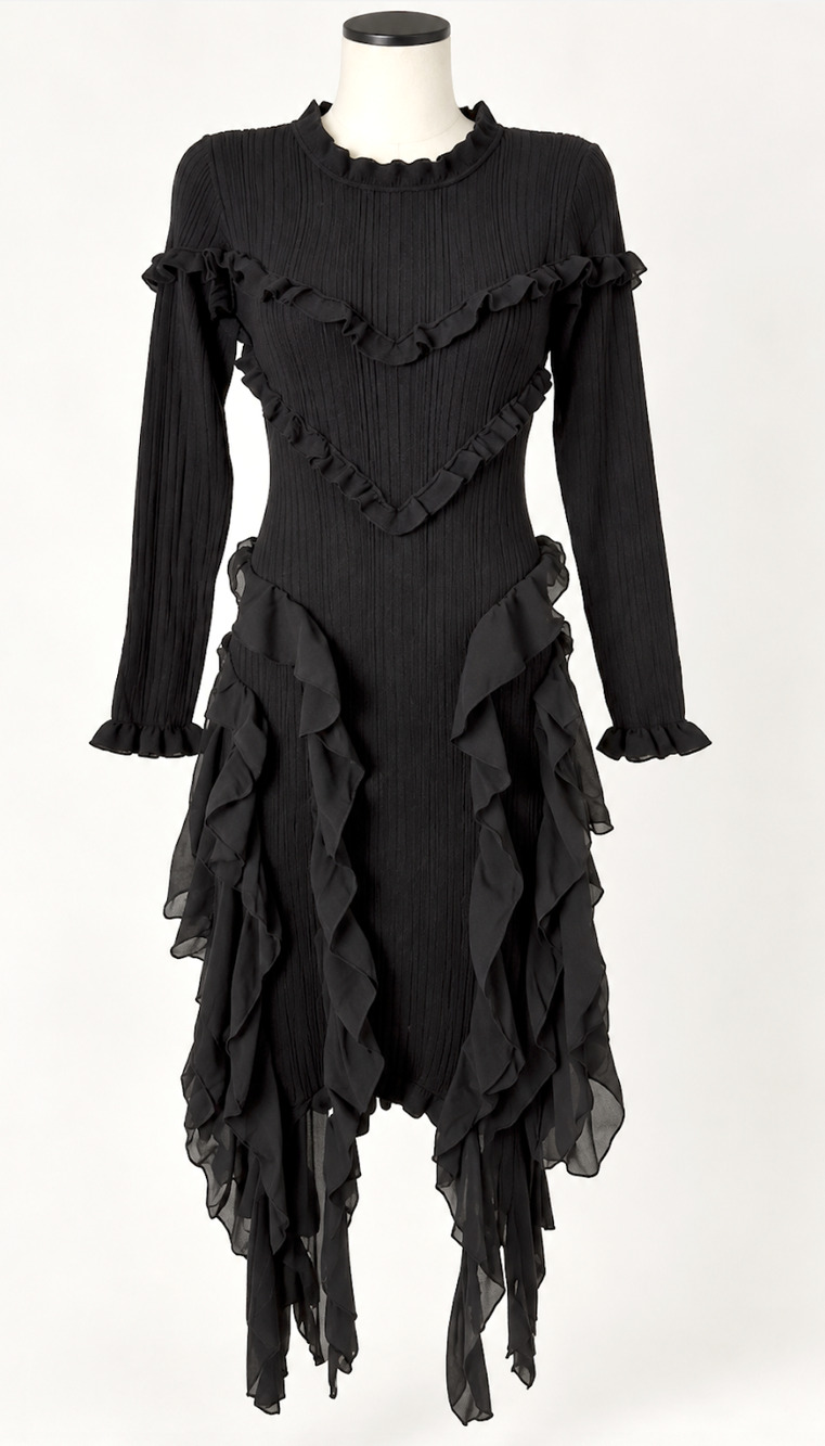 The Pyramid Collection Starlet Knit Dress Black Chiffon Ruffle Gothic Size L